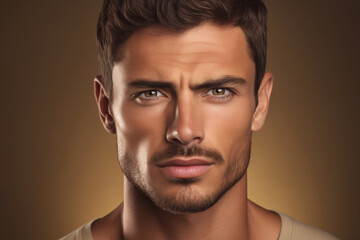 Obraz premium Handsome Hispanic Man with Latino-Style Stubble on brown background