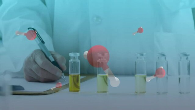 Animation of chemical molecules over caucasian female scientist taking sample in lab