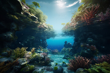 Fototapeta na wymiar Underwater view of a marine environment with a blue ocean and untamed nature in the backdrop