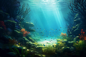 Fototapeta na wymiar Underwater view of a marine environment with a blue ocean and untamed nature in the backdrop