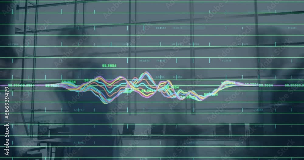Poster animation of data processing and diagram over people walking