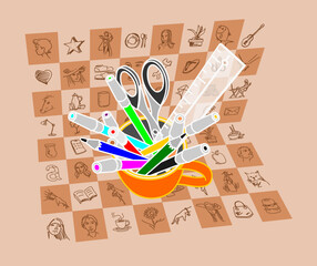 Set of colorful art supplies in orange cup. A grid of doodle-like of creative elements in the background. Creative work concept, light background, high angle.