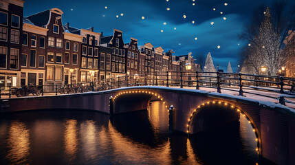Fototapeta na wymiar Exploring the Intricate Canals, Quaint Dutch Houses, and Bridges During the Blue Hour