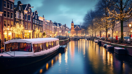 Embracing the Nightly Splendor of Amsterdam's Canal-Side Views, Bridges, and Quaint Houses Amidst Boats and Bicycles background generative ai