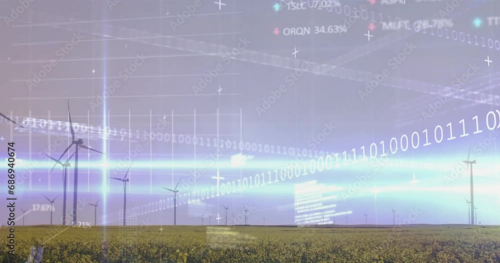 Poster animation of stock market and data processing over field with wind turbines