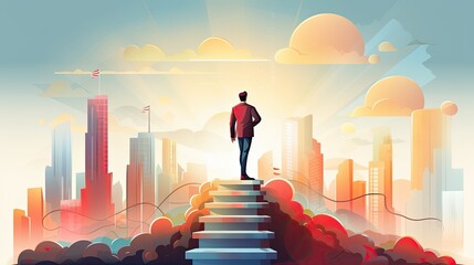 Illustration of businessman up stair to top. Self growth and personal development progress stages tiny person concept. Reaching for career goals and success. - obrazy, fototapety, plakaty