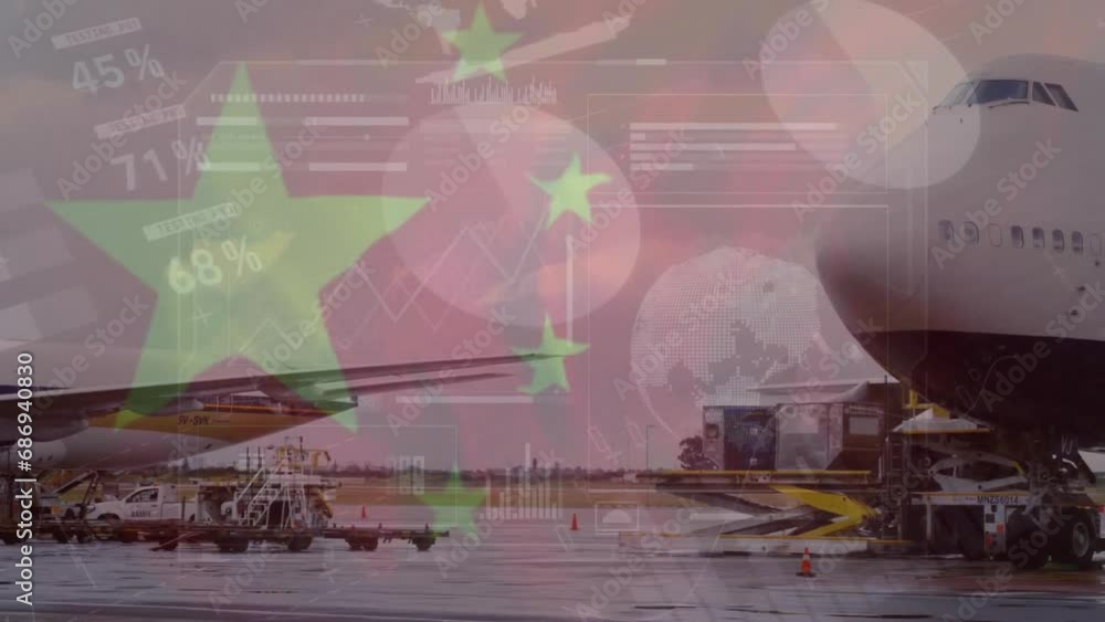Poster animation of data processing and flag of china over planes at airport