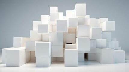 many 3d cubist cubes stacked on a light blue white background