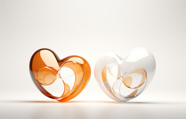 Two beautiful 3d orange and white hearts standing next to each other and influencing each other