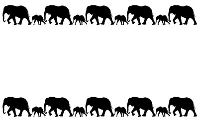 Eighteen black family elephants in line vector illustrations - silhouettes of the 18 elephants isolated on white background- frame made of cats - 18匹の並んだゾウの親子のフレーム