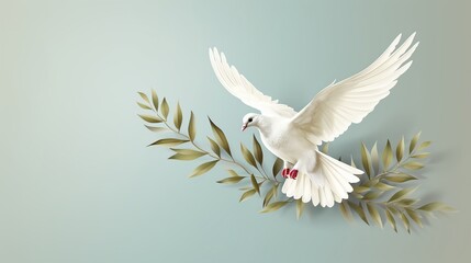 White dove carrying olive leaf branch - obrazy, fototapety, plakaty