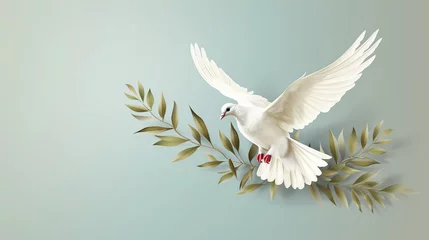 Fotobehang White dove carrying olive leaf branch © artbot