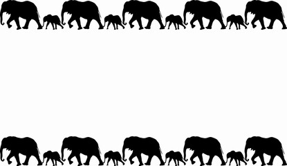 Eighteen black family elephants in line illustrations - silhouettes of the 18 elephants isolated on white background- frame made of cats - 18匹の並んだゾウの親子のフレーム