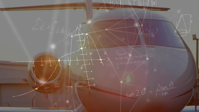 Animation of mathematical equations over plane at airport