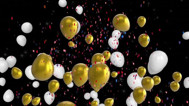 Animation of ballons and confetti falling on black background