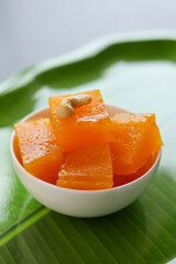 Karachi halwa also known as bombay halva. Kerala Kozhikodan Black halwa Kozhikode Calicut. Bombay Halwa Indian sweet food celebration special occasion Onam Kerala India. festival dessert for Diwali