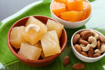 Karachi halwa also known as bombay halva. Kerala Kozhikodan Black halwa Kozhikode Calicut. Bombay Halwa Indian sweet food celebration special occasion Onam Kerala India. festival dessert for Diwali