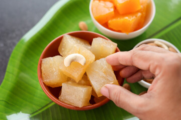 Karachi halwa also known as bombay halva. Kerala Kozhikodan Black halwa Kozhikode Calicut. Bombay Halwa Indian sweet food celebration special occasion Onam Kerala India. festival dessert for Diwali