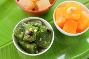 Karachi halwa also known as bombay halva. Kerala Kozhikodan Black halwa Kozhikode Calicut. Bombay Halwa Indian sweet food celebration special occasion Onam Kerala India. festival dessert for Diwali