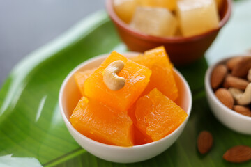 Karachi halwa also known as bombay halva. Kerala Kozhikodan Black halwa Kozhikode Calicut. Bombay Halwa Indian sweet food celebration special occasion Onam Kerala India. festival dessert for Diwali