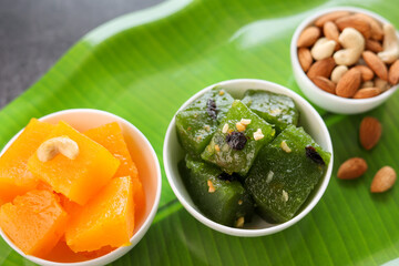 Karachi halwa also known as bombay halva. Kerala Kozhikodan Black halwa Kozhikode Calicut. Bombay Halwa Indian sweet food celebration special occasion Onam Kerala India. festival dessert for Diwali