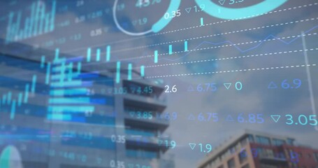 Animation of stock market and data processing over cityscape