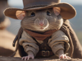 escena de pelicula de un Raton vestido de sheriff en el lejano oeste con gorro