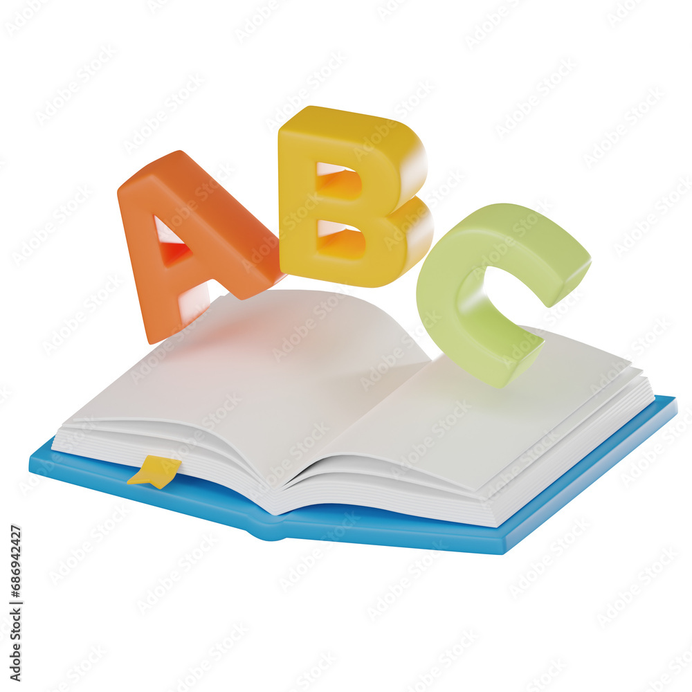 Poster abc on open book 3d icon of for education and learning. 3d render