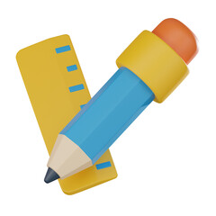 Pencil and Ruler for School and Design. 3D Render