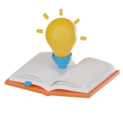 Illuminating Ideas of Yellow Light Bulb and Open Book for Creative Education. 3D render
