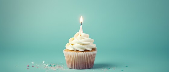 Birthday cupcake with cream and a burning candle - obrazy, fototapety, plakaty