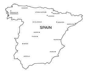 Map of Spain with cities and border black outline