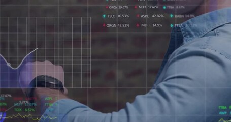 Animation of data processing and stock market over caucasian man using smartwatch - Powered by Adobe