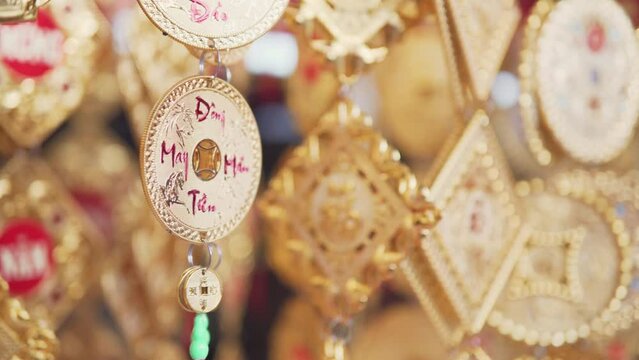 Red and gilded decorations at Lunar New Year market, Vietnam