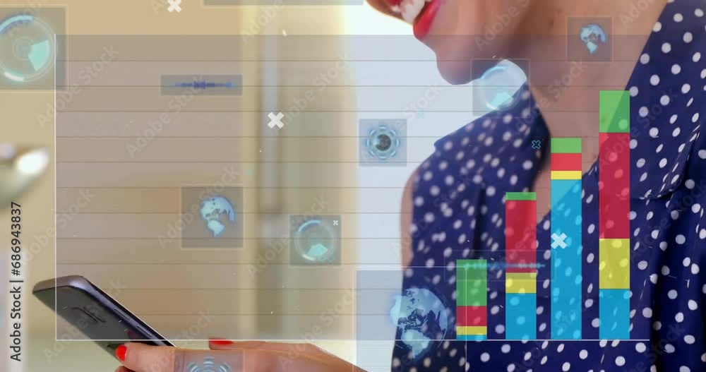 Poster animation of diagrams and data processing over caucasian woman using smartphone