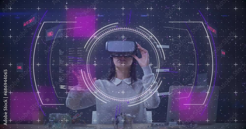 Poster animation of scope scanning and data processing over caucasian woman using vr headset