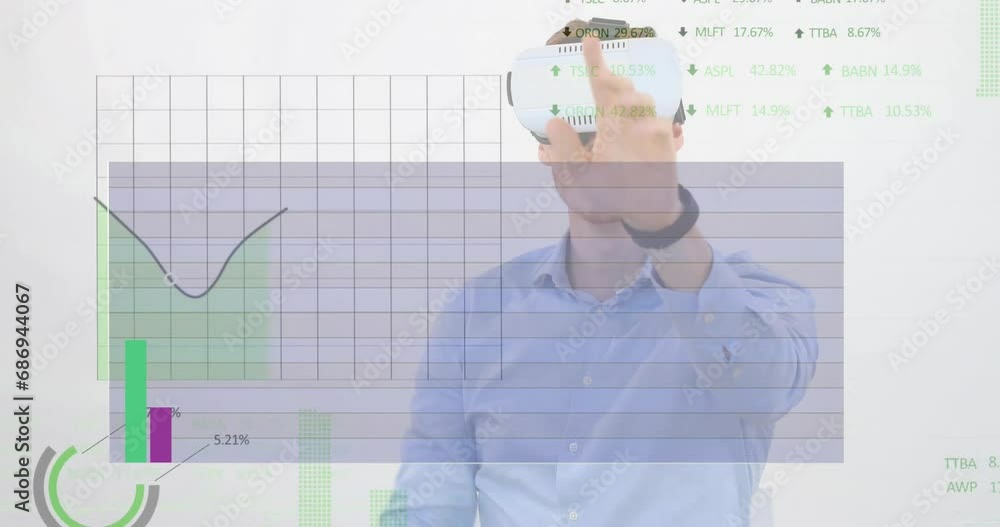 Poster animation of diagrams and data processing over caucasian man using vr headset