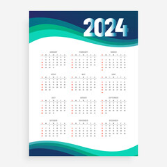 wavy style 2024 new year english calendar layout design