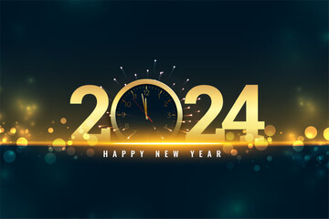 happy new year 2024 shiny background with golden watch