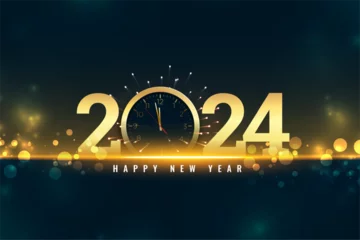 Fotobehang happy new year 2024 shiny background with golden watch © starlineart
