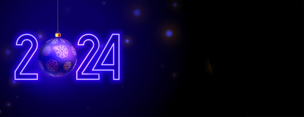 glowing 2024 lettering new year festive wallpaper with xmas bauble - obrazy, fototapety, plakaty