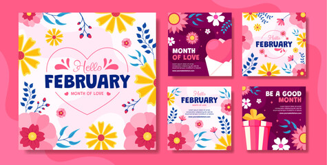 Fototapeta premium Hello February Social Media Post Flat Cartoon Hand Drawn Templates Background Illustration