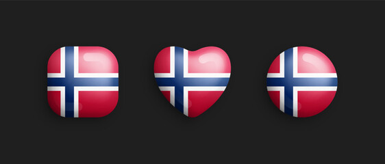 Norway Official National Flag 3D Vector Glossy Icons In Rounded Square, Heart And Circle Shape Isolate On Background. Norwegian Sign And Symbols Graphic Design Elements Volumetric Buttons Collection