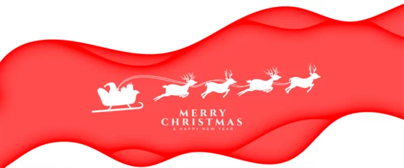 Fotobehang merry christmas festive season banner with flying santa sleigh © starlineart