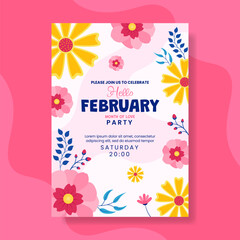Hello February Invitation Flat Cartoon Hand Drawn Templates Background Illustration