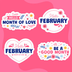 Hello February Label Flat Cartoon Hand Drawn Templates Background Illustration