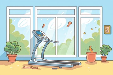 a treadmill in front of a large window