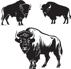 Bison silhouette vector A set of 3 bison vectors on white background