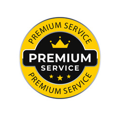 Premium service round label with crown and stars. Shiny, glossy, luxury, modern flat vector style. For icon, logo, seal, tag, sign, seal, symbol, badge, stamp, sticker, etc.