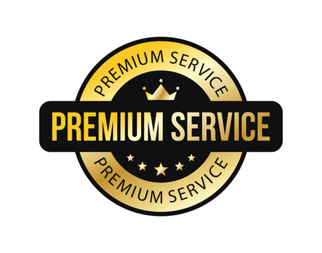 Premium service golden round label with crown and stars. Shiny, glossy, luxury, modern flat vector style. For icon, logo, seal, tag, sign, seal, symbol, badge, stamp, sticker, etc.